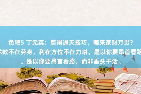 色吧5 丁元英：莫得通天技巧，哪来家财万贯？历久记着，富在术数不在劳身，利在方位不在力耕。是以你要昂首看路，而非垂头干活。